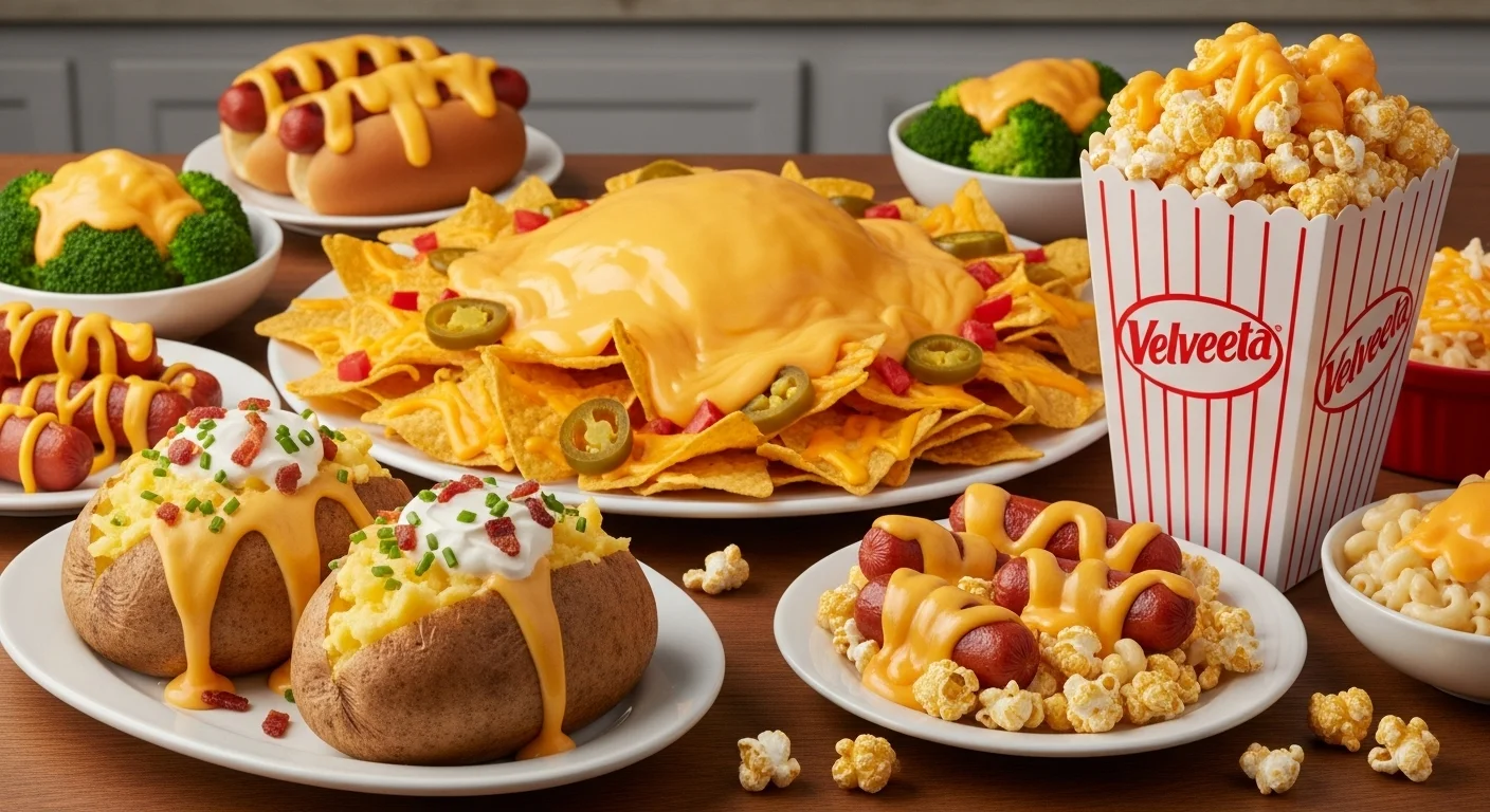 Different dishes served with Velveeta cheese sauce.
