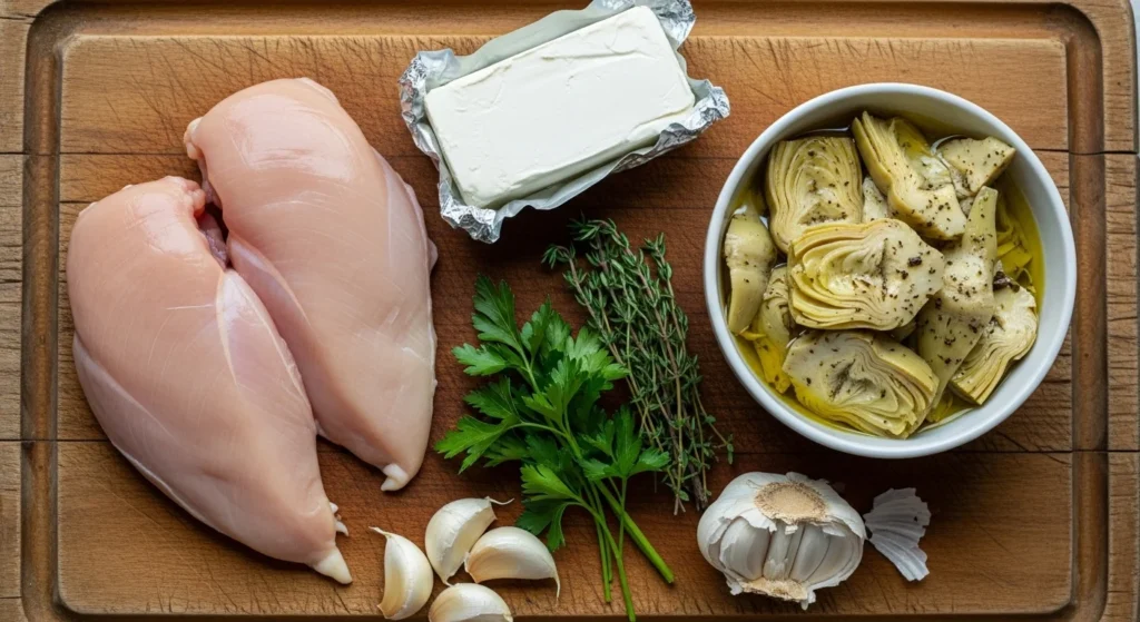 Ingredients for artichoke chicken including chicken breasts, artichoke hearts, and cream cheese.