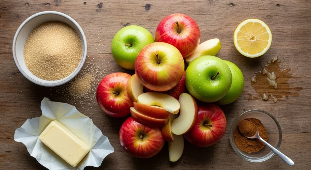 Ingredients for caramelized apples including apples, brown sugar, butter, cinnamon, and lemon juice.