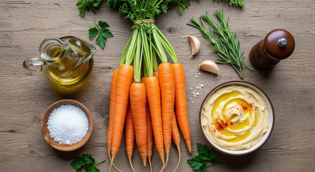 Ingredients for making carrot sticks, including fresh carrots, hummus, olive oil, sea salt, pepper, and herbs.