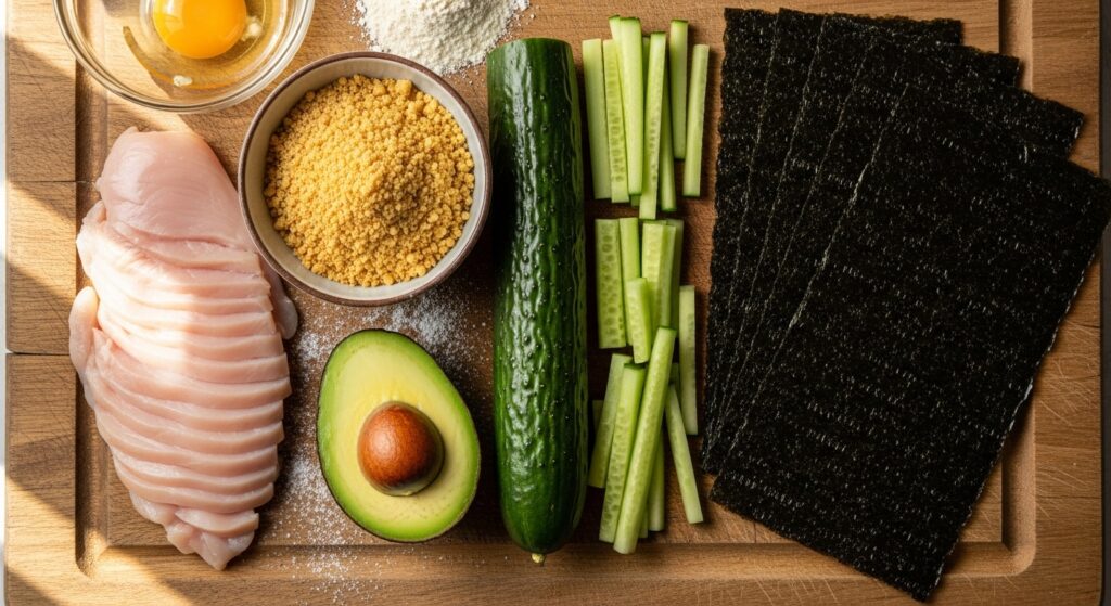 Ingredients for chicken tempura rolls displayed on a wooden cutting board.