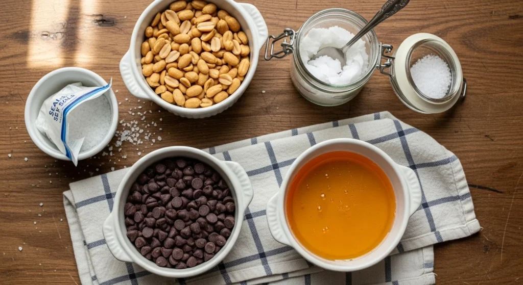 Ingredients for chocolate peanut butter recipe including chocolate chips, peanut butter, and more.