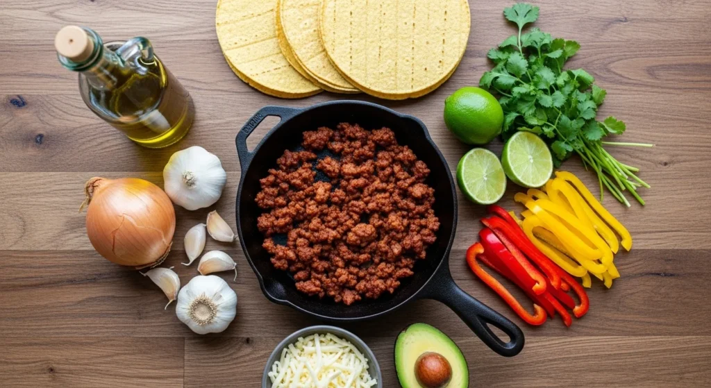 Ingredients for chorizo tacos displayed on a kitchen counter.