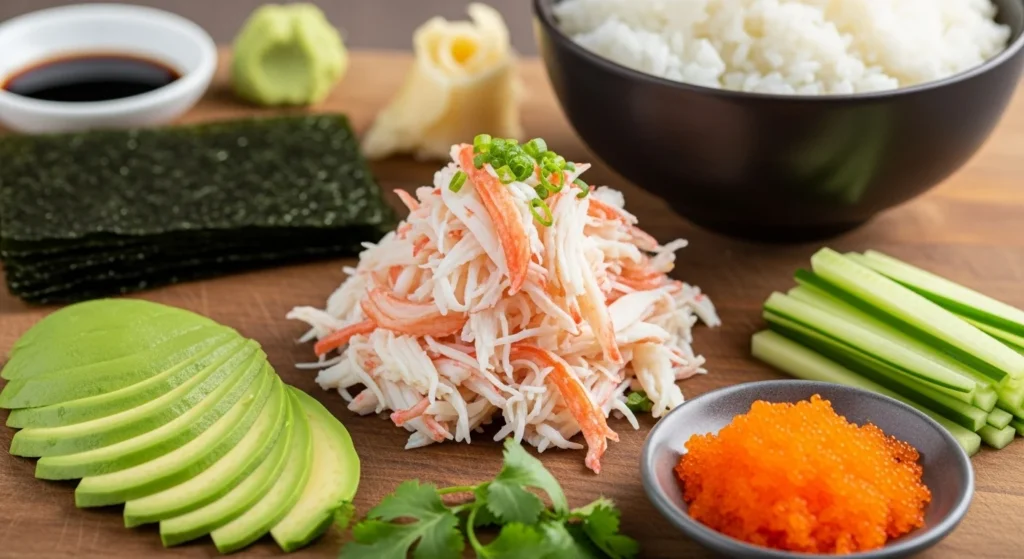 Ingredients for crab sushi including crab meat, sushi rice, nori sheets, cucumber, and avocado.
