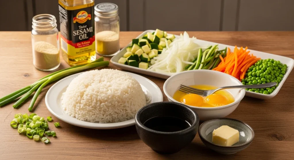 Ingredients for hibachi fried rice including rice, vegetables, eggs, and sauces.