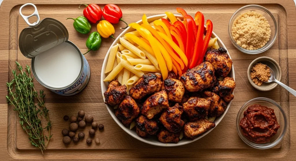 Ingredients for jerk chicken pasta laid out on a wooden table.