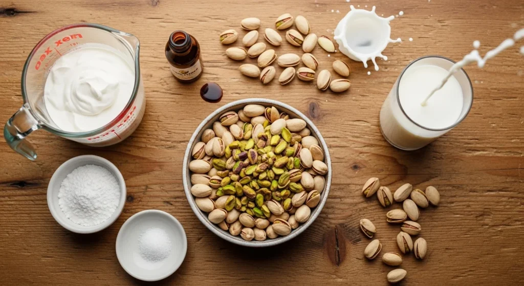 Ingredients for pistachio cream recipe displayed on a wooden table.