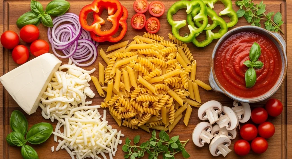 Ingredients for pizza pasta displayed on a wooden cutting board.
