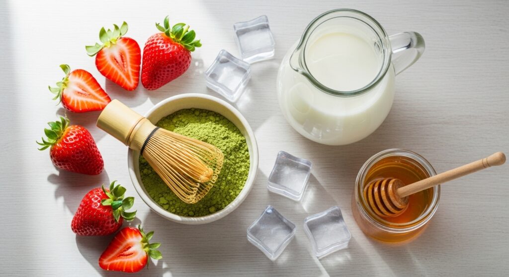 Ingredients for Strawberry Matcha Latte including matcha powder, fresh strawberries, milk, honey, and ice.