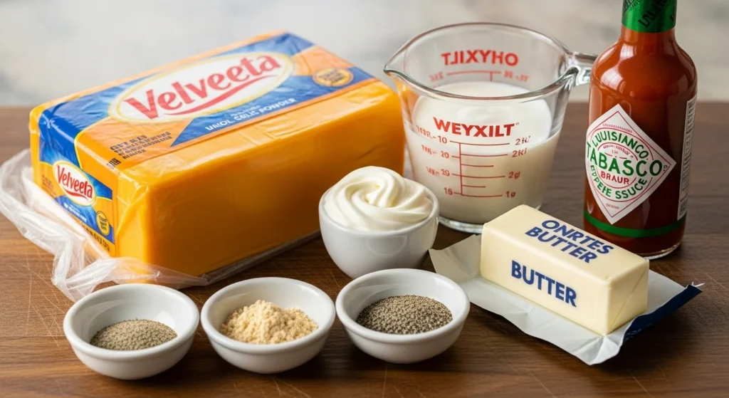 Ingredients for Velveeta cheese sauce displayed on a wooden countertop.