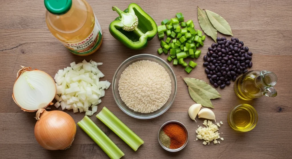 Ingredients for Zatarain's Dirty Rice displayed on a wooden countertop.