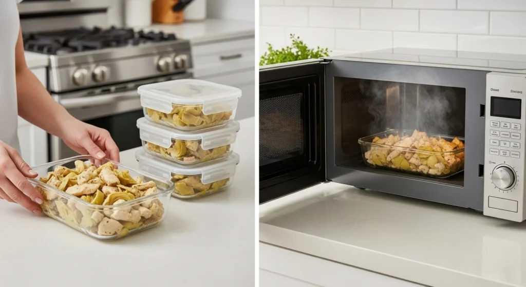 Storing and reheating artichoke chicken leftovers.