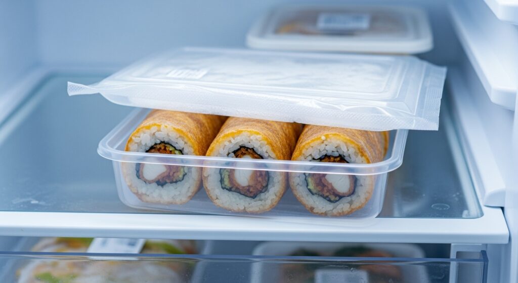 Proper storage methods for chicken tempura rolls in an airtight container.