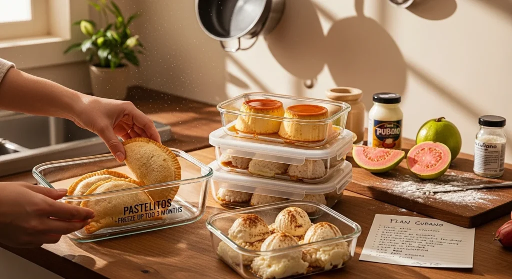 Storage tips for Cuban desserts with containers and kitchen setting.