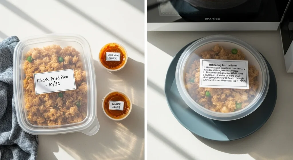 Storage and reheating instructions for leftover hibachi fried rice.