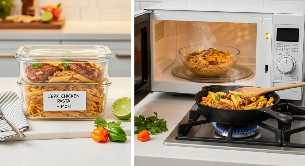 Storing and reheating jerk chicken pasta in containers.