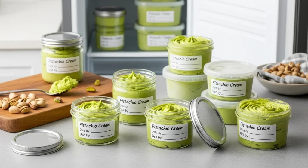 Storage and freezing methods for pistachio cream.