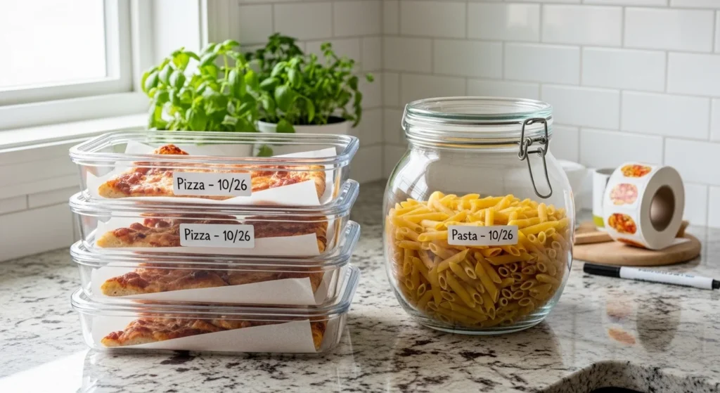 Proper storage methods for pizza pasta leftovers.