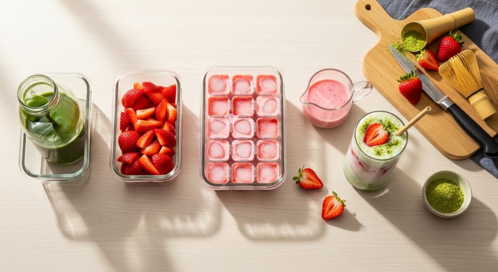 Storage tips for Strawberry Matcha Latte, including airtight containers and freezing methods.