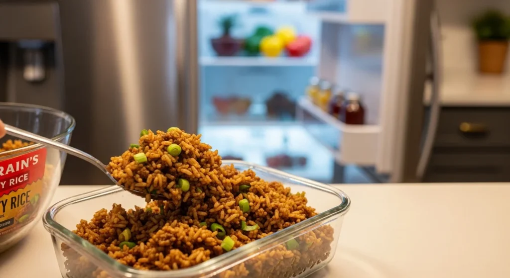 Storing leftovers of Zatarain's Dirty Rice in an airtight container.