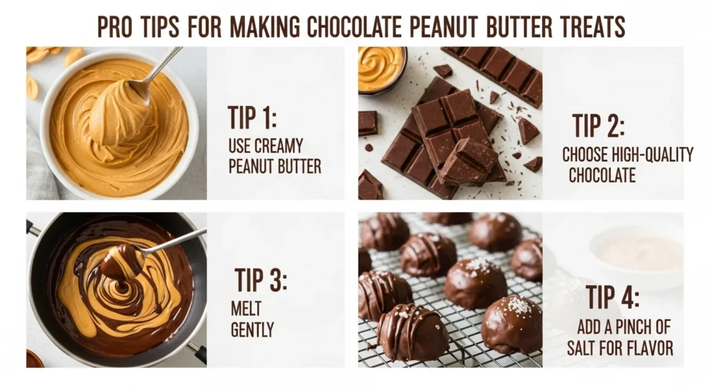 Pro tips for making chocolate peanut butter treats displayed with ingredients.