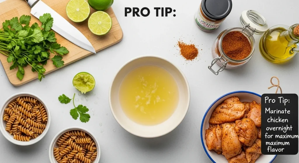 Pro tips for making jerk chicken pasta displayed with ingredients.