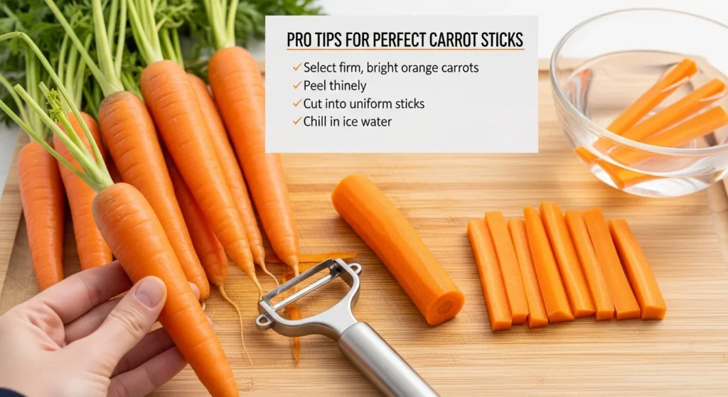 Pro tips for making carrot sticks, featuring fresh carrots and a peeler.