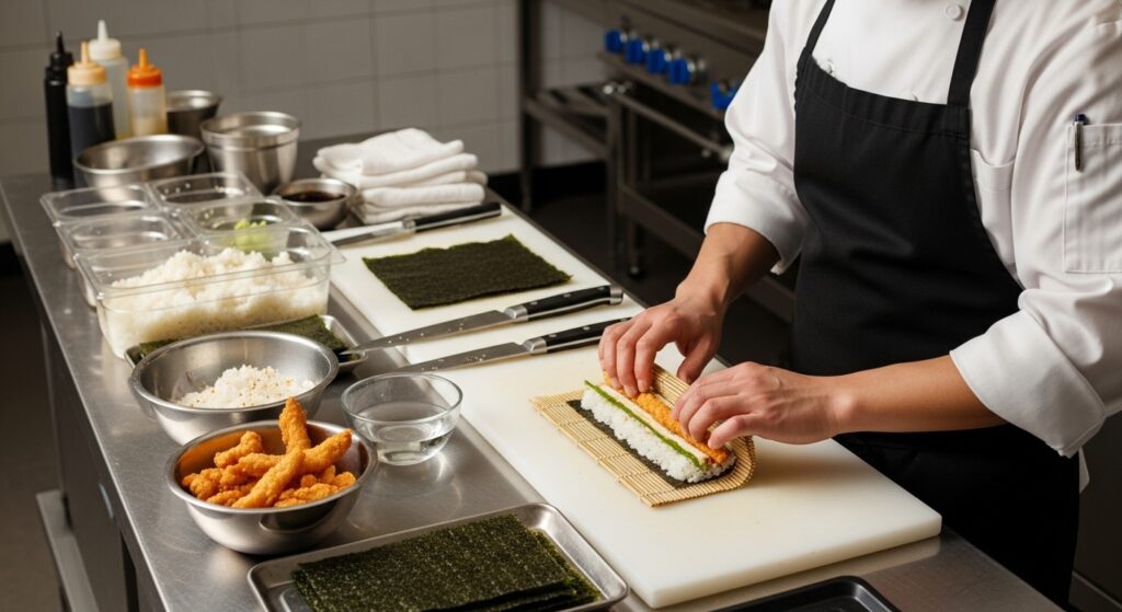 Chef sharing pro tips for making chicken tempura rolls in a kitchen.