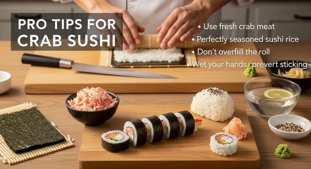 Pro tips for making crab sushi, including fresh ingredients and preparation techniques.
