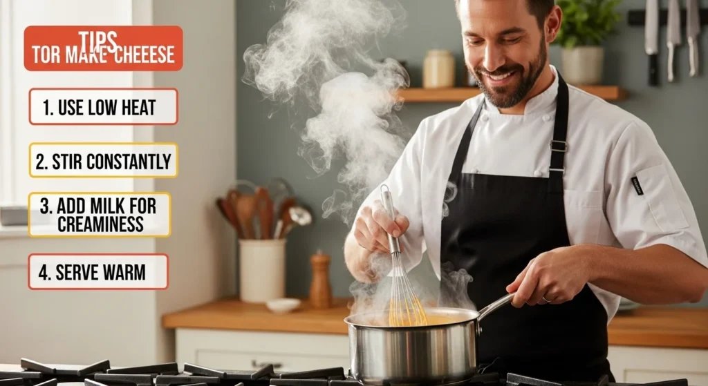 A chef stirring Velveeta cheese sauce with pro tips in the background.