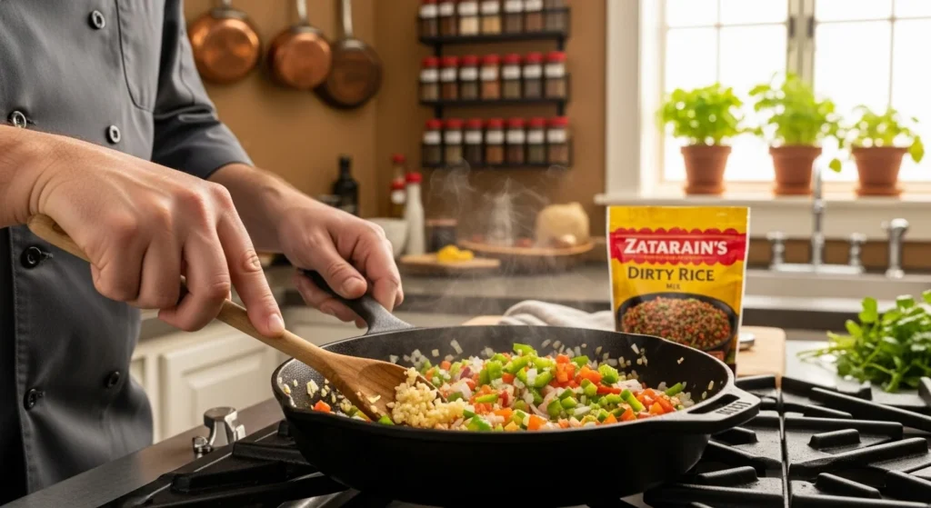 Chef sautéing vegetables for Zatarain's Dirty Rice in a skillet.