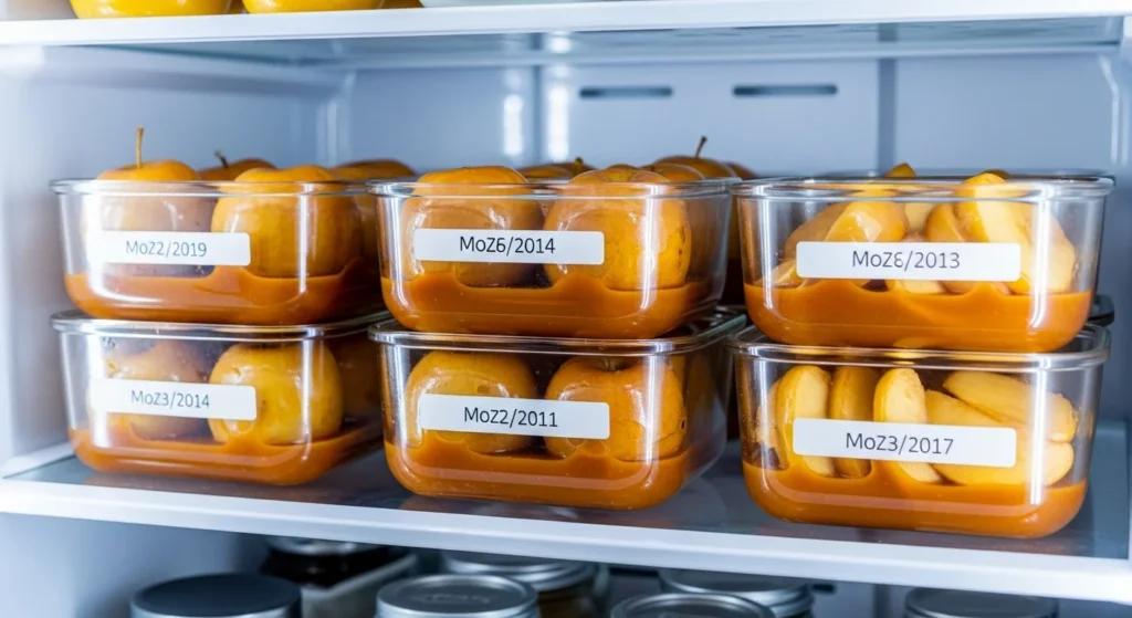 Storage containers for caramelized apples in a refrigerator.