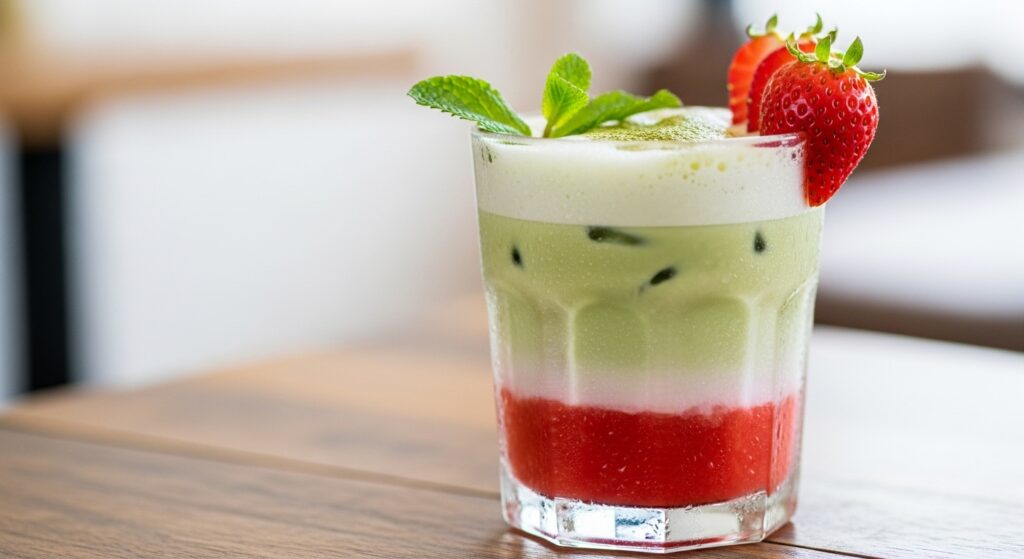 A beautifully layered Strawberry Matcha Latte in a clear glass, garnished with strawberries and mint.