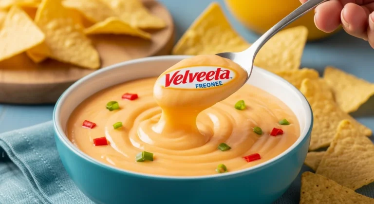 A bowl of Velveeta cheese sauce with tortilla chips for dipping.