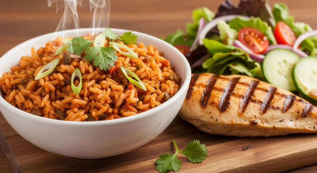 A bowl of Zatarain's Dirty Rice garnished with green onions and cilantro, served with grilled chicken.