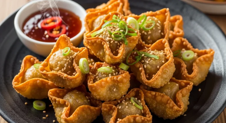 A plate of crispy fried wontons served with dipping sauce.