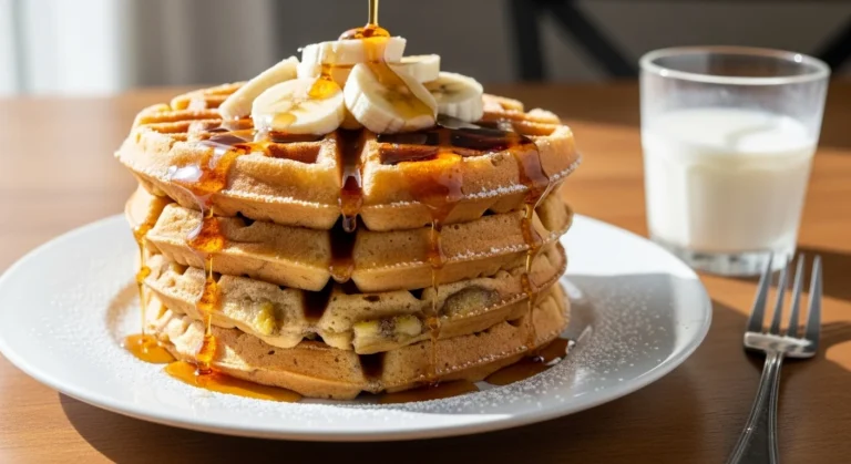 Delicious banana waffles served with fresh bananas and syrup.