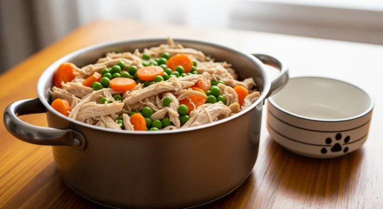 A pot of homemade chicken dog food with shredded chicken and colorful vegetables.
