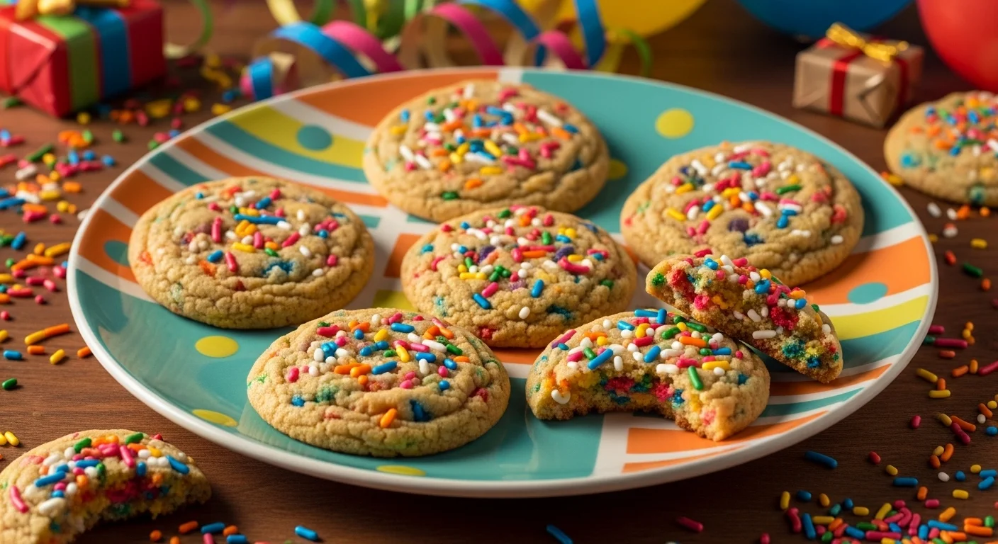 Freshly baked confetti cookies on a colorful plate.