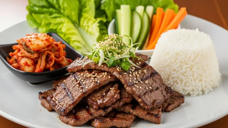 A plate of kalbi beef served with rice, garnished with green onions and sesame seeds, with a side of kimchi.