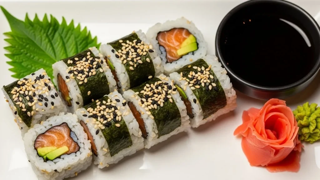 A beautifully plated salmon roll with garnishes and dipping sauce.