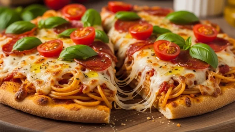 A freshly baked spaghetti pizza with golden crust and melted cheese.