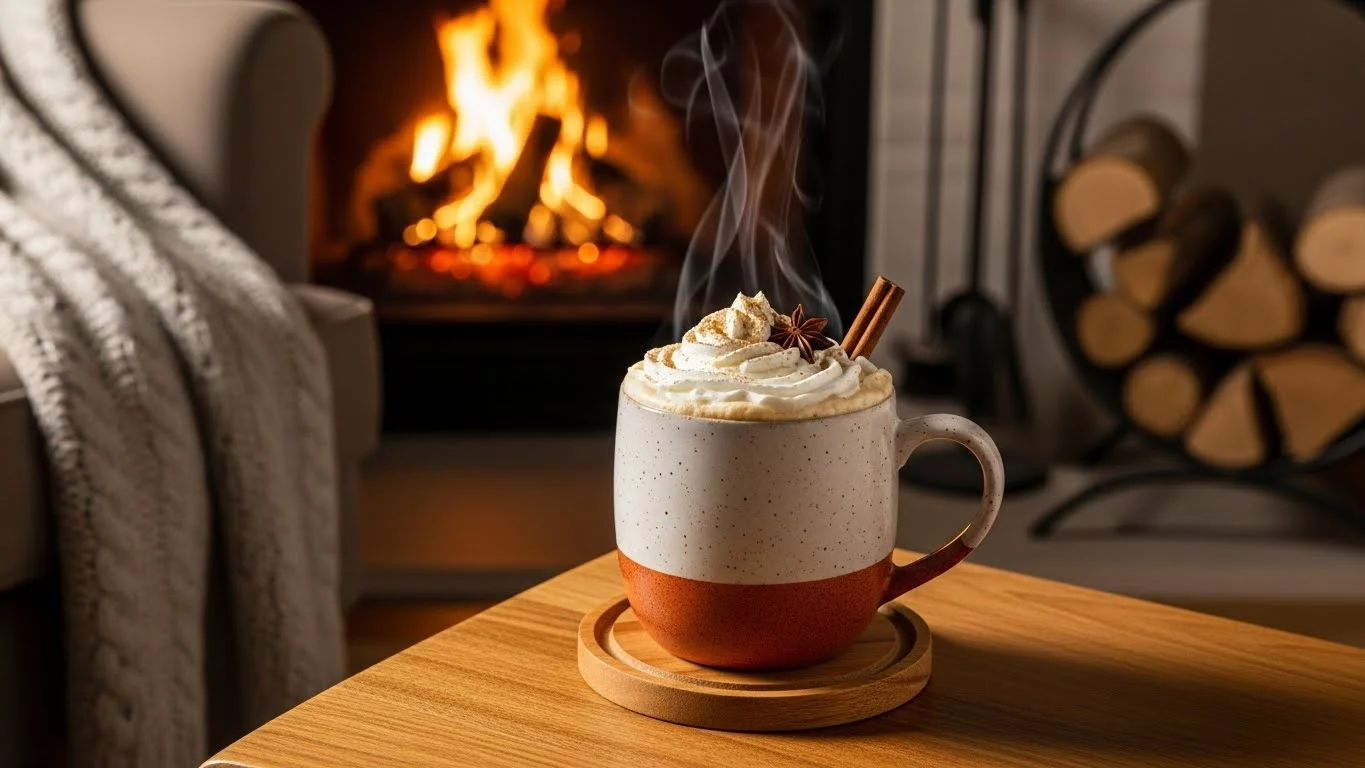 A steaming cup of eggnog and coffee topped with whipped cream and nutmeg, with a fireplace in the background.