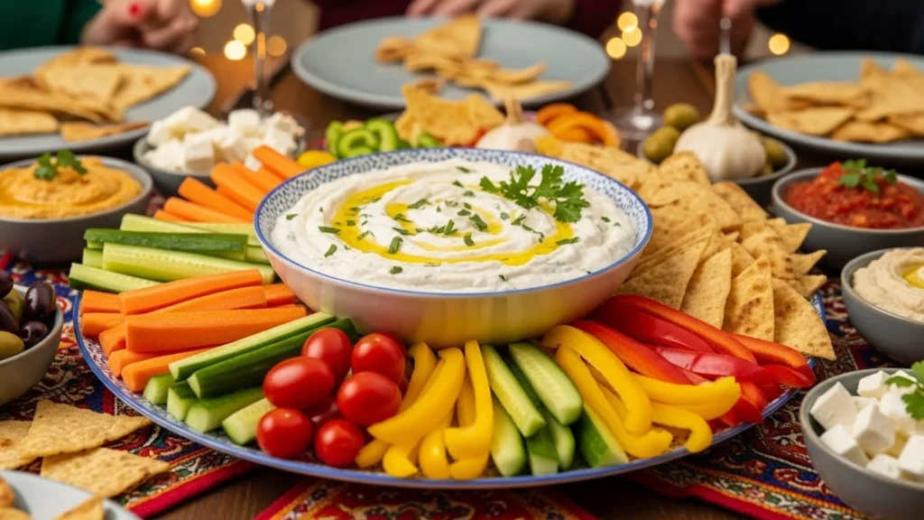 Bowl of garlic dip served with fresh veggies and chips on a festive table.