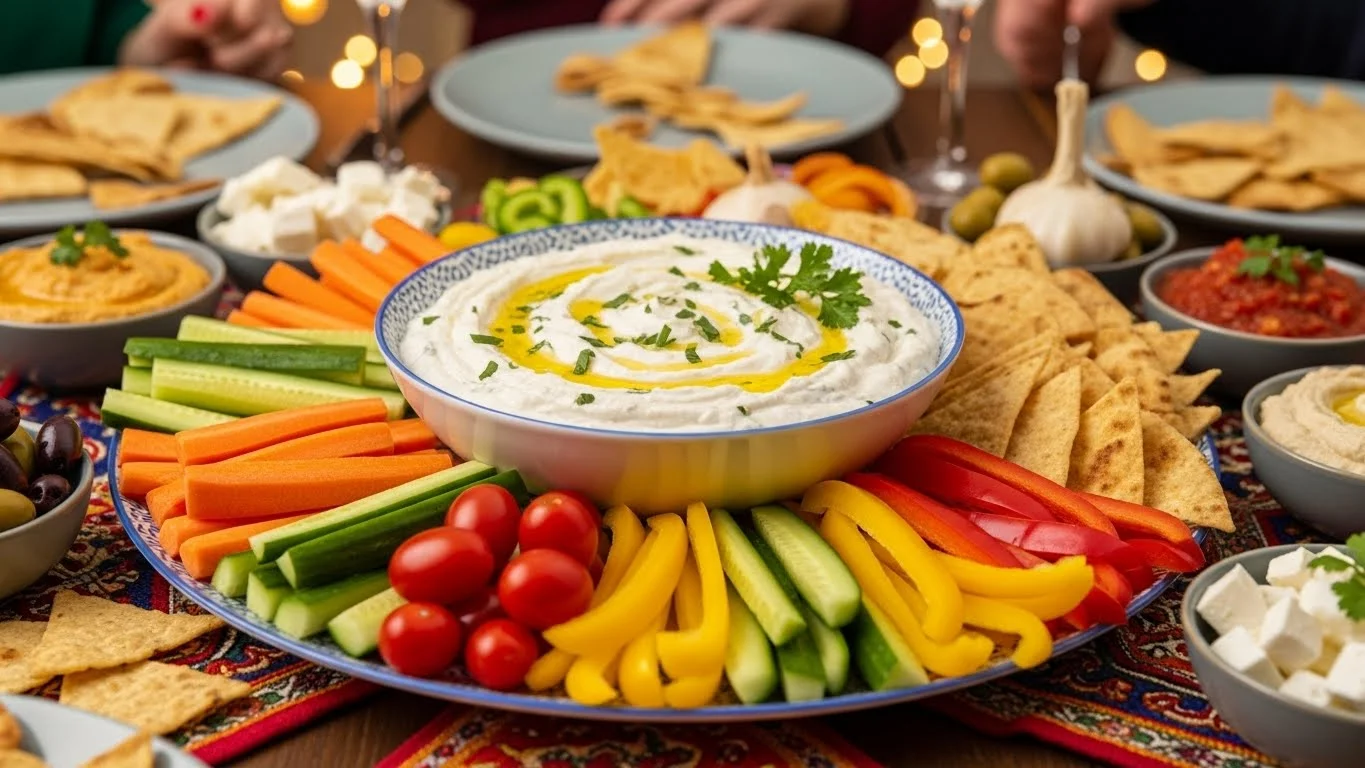 Bowl of garlic dip served with fresh veggies and chips on a festive table.