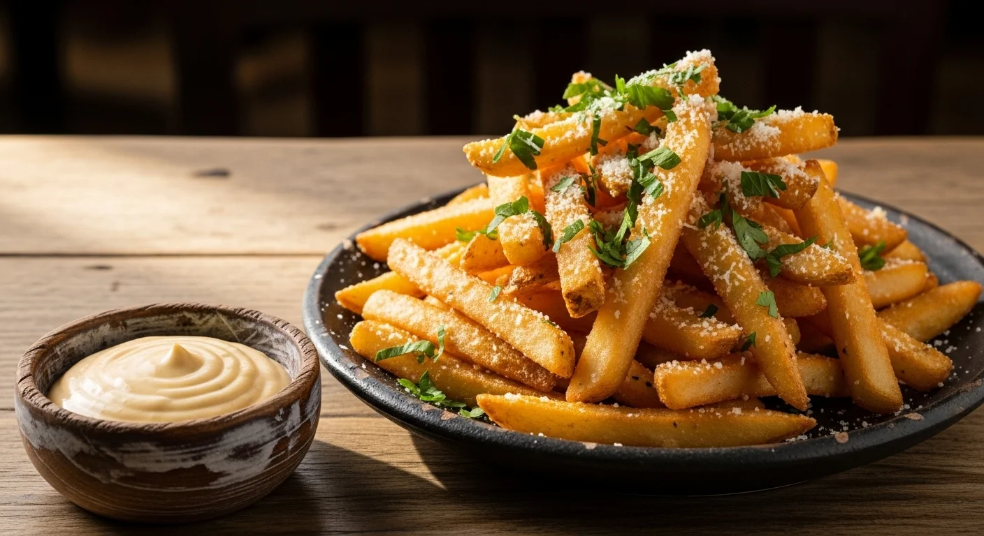 A delicious plate of garlic fries garnished with parsley and Parmesan cheese.