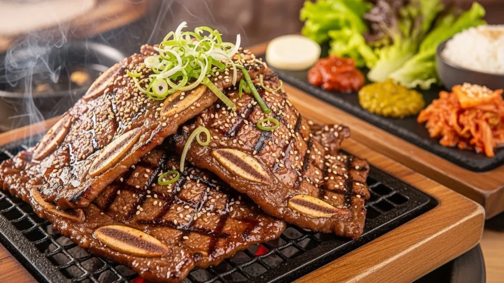 Grilled kalbi beef short ribs garnished with sesame seeds and green onions on a grill.