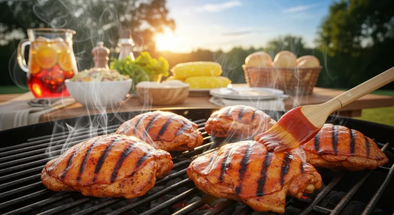 Marinated chicken on a grill, showcasing the honey BBQ sauce glistening in the sunlight.