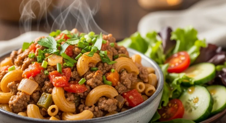 A bowl of healthy hamburger helper garnished with herbs and served with a side salad.