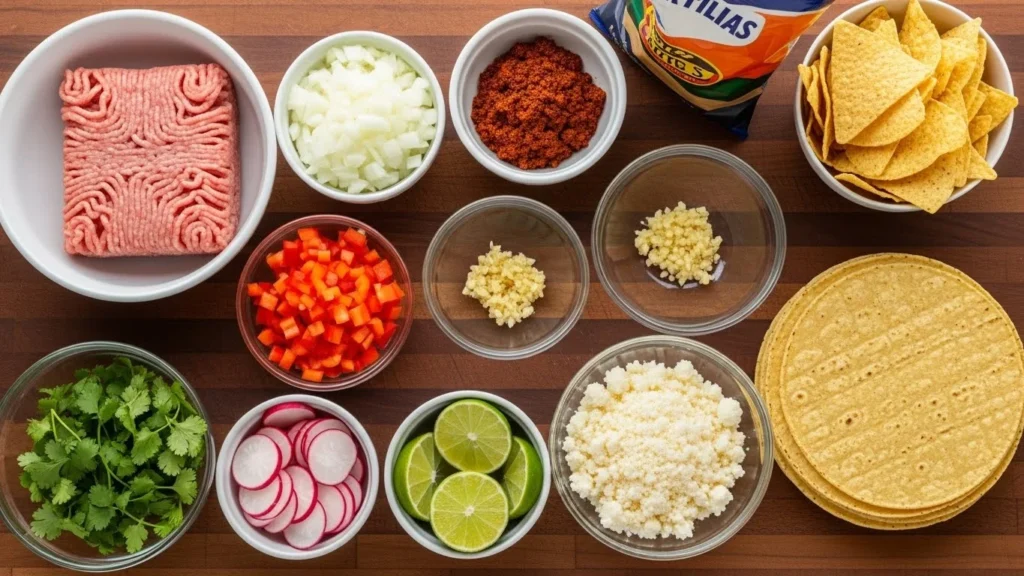 Step-by-step cooking process for chorizo tacos with ingredients displayed.